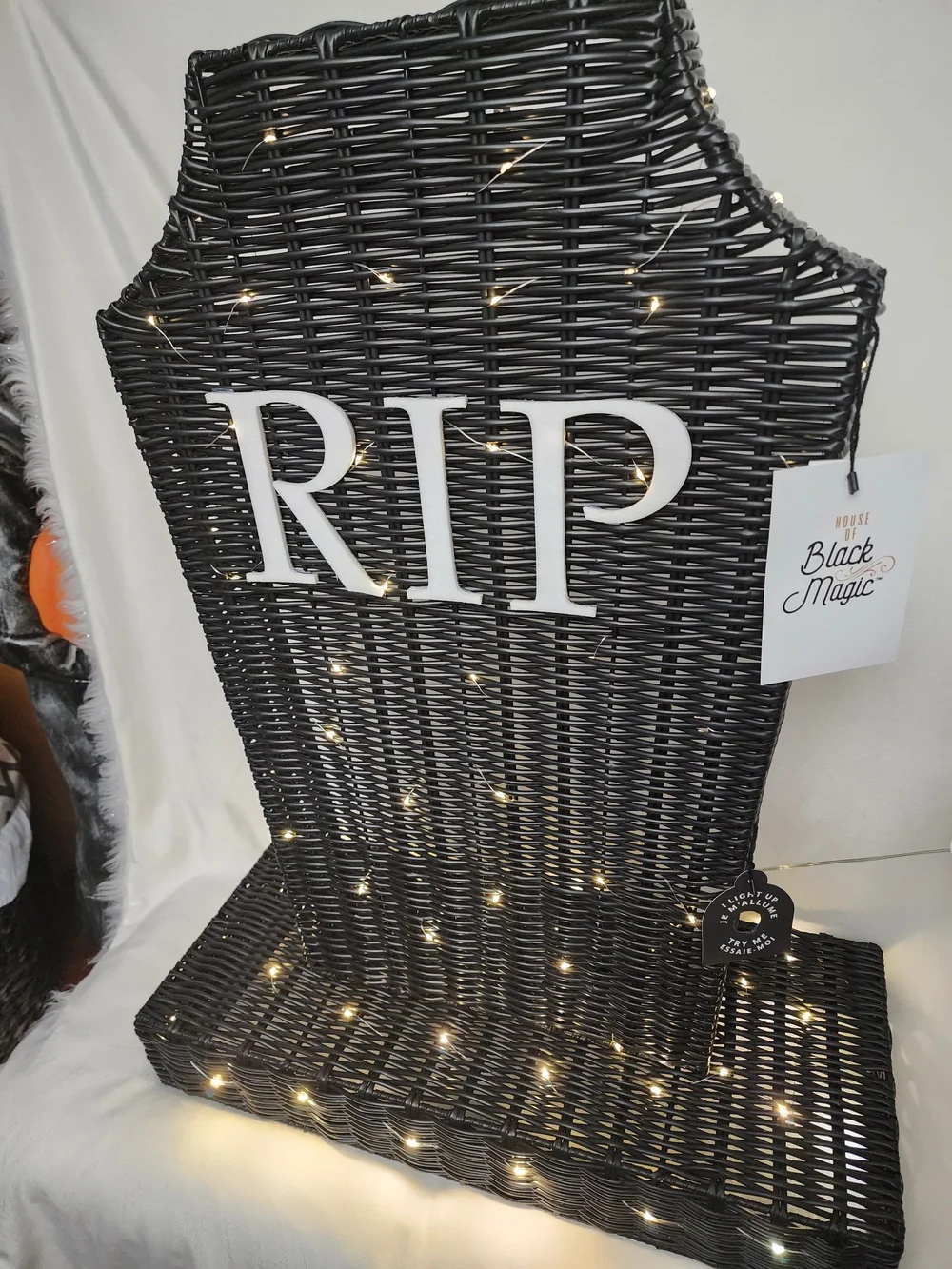 Black Wicker 'RIP' LIGHTUP Tombstone Accent